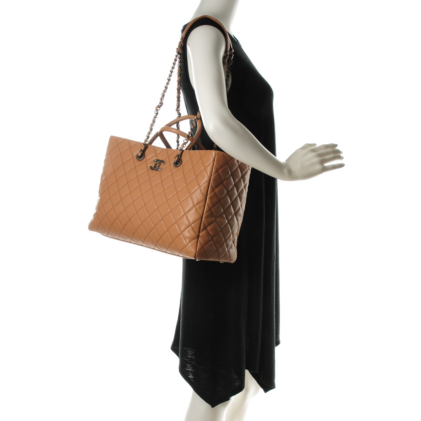 Caviar Quilted Large Coco Handle Shopping Tote Beige