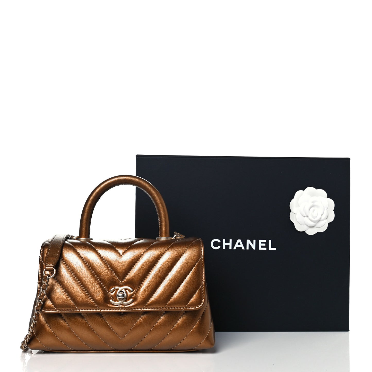 Metallic Calfskin Chevron Quilted Mini Coco Handle Flap Gold