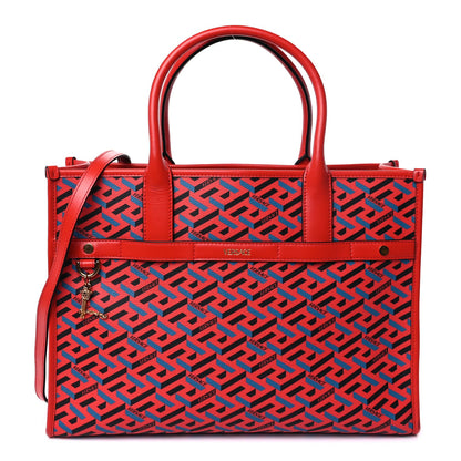Versace Coated Canvas Calfskin La Greca Signature Tote Bag  Blue Red 1 of 8