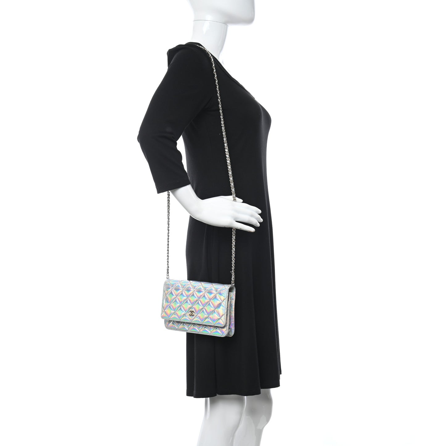 Iridescent Goatskin Quilted Wallet On Chain WOC Silver