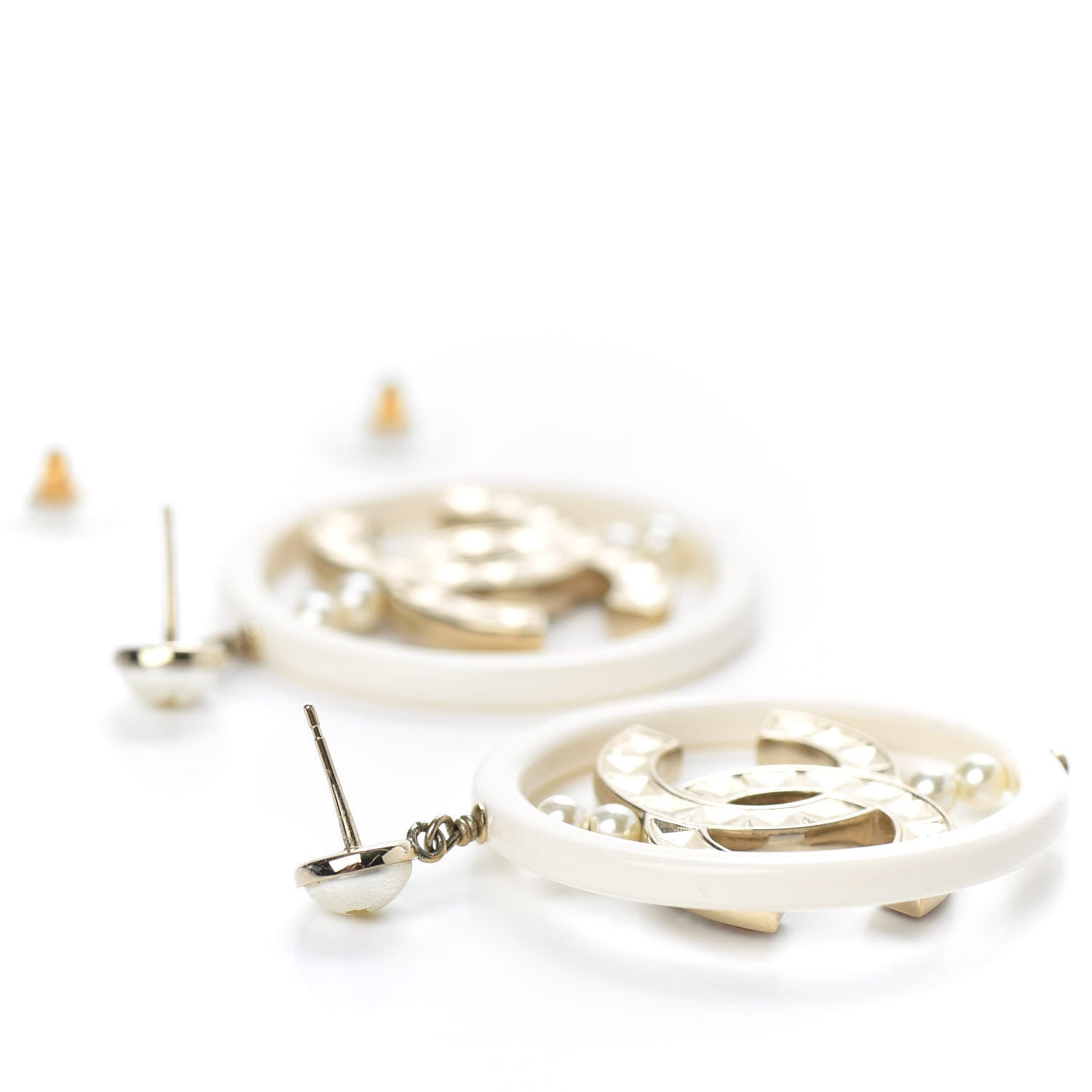 Chanel Resin Crystal Baguette Pearl CC Drop Hoop Earrings Gold White 3 of 6