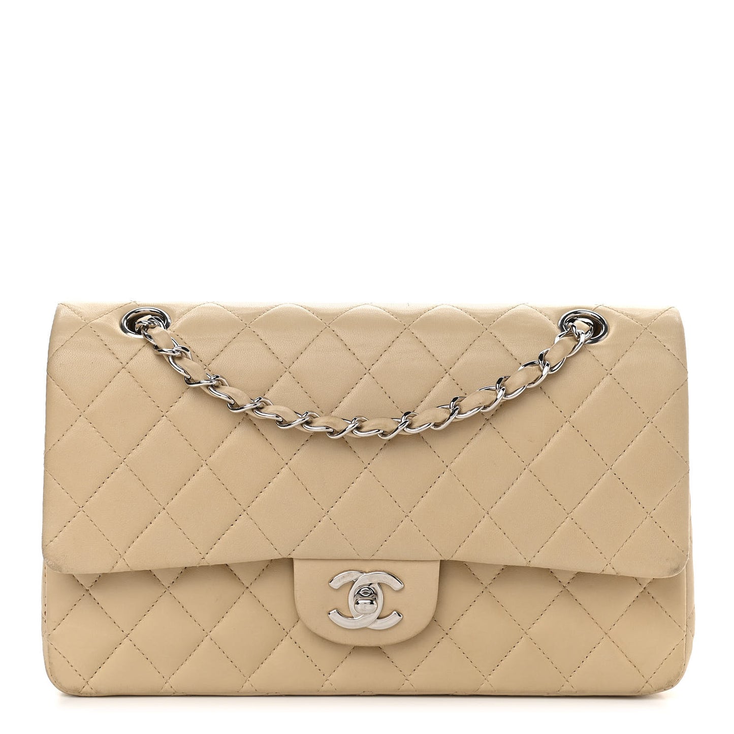 Lambskin Quilted Medium Double Flap Beige