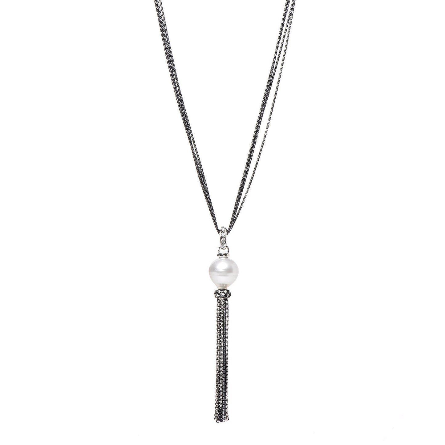 Sterling Silver Diamond Freshwater Pearl Midnight Tassel Necklace