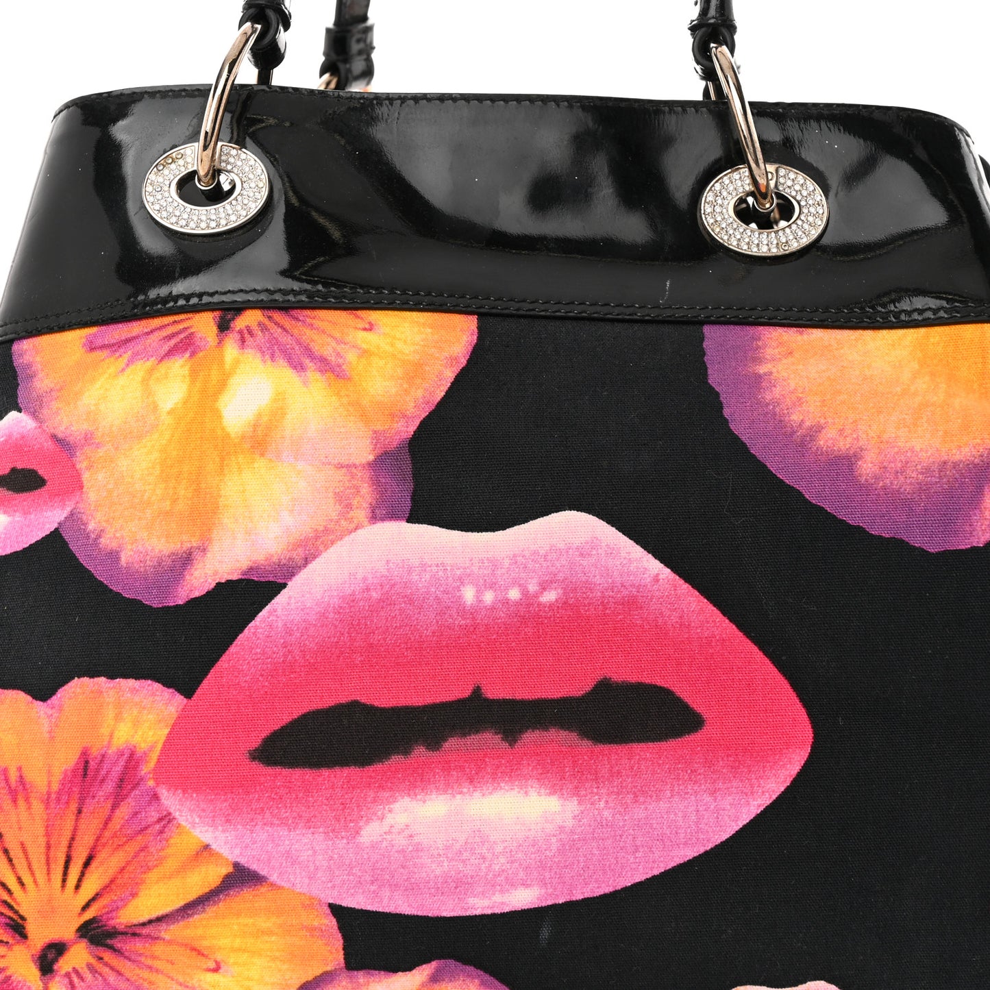 Patent Crystal Embellished Canvas Lips Print Tote Black Multicolor