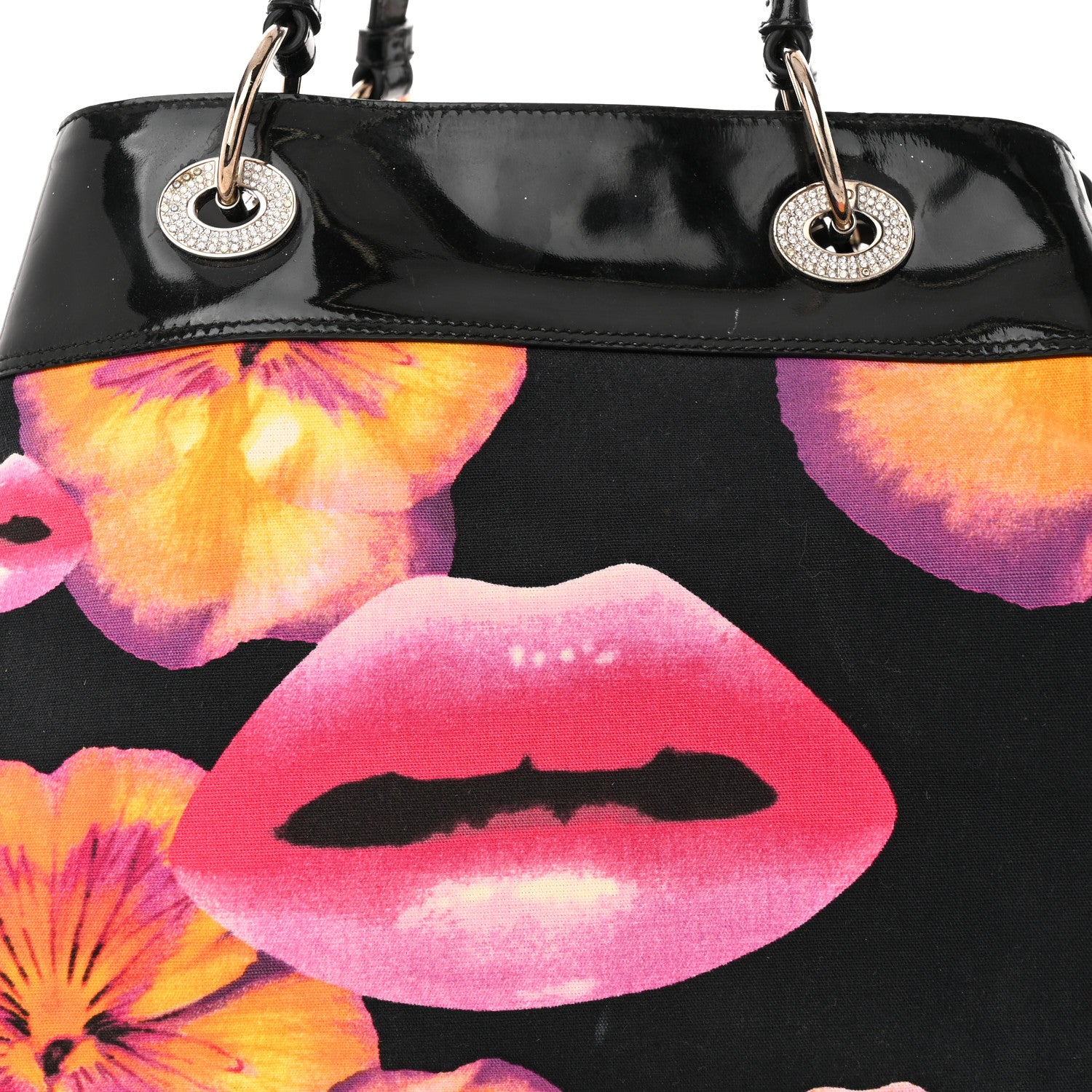 Christian Dior Patent Crystal Embellished Canvas Lips Print Tote Black Multicolor 15 of 26