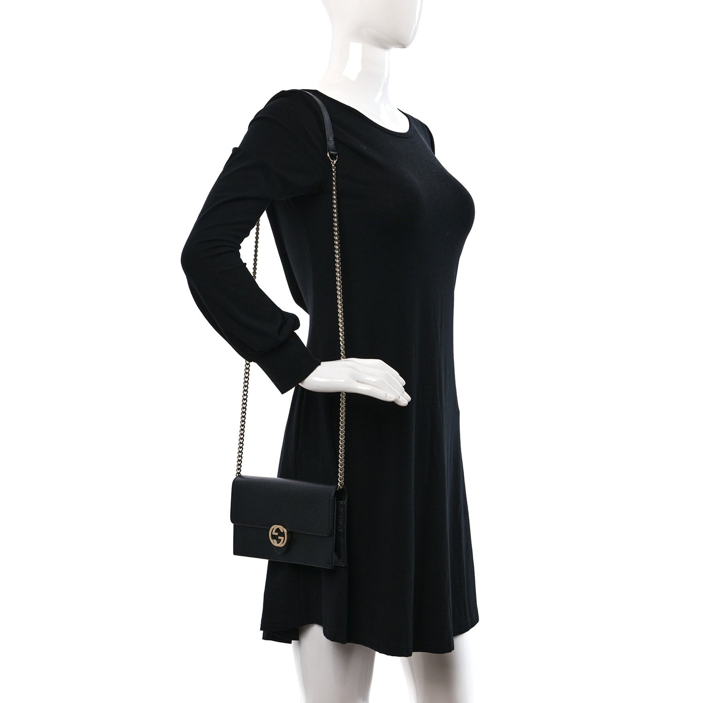 Dollar Calfskin Interlocking G Chain Wallet Black