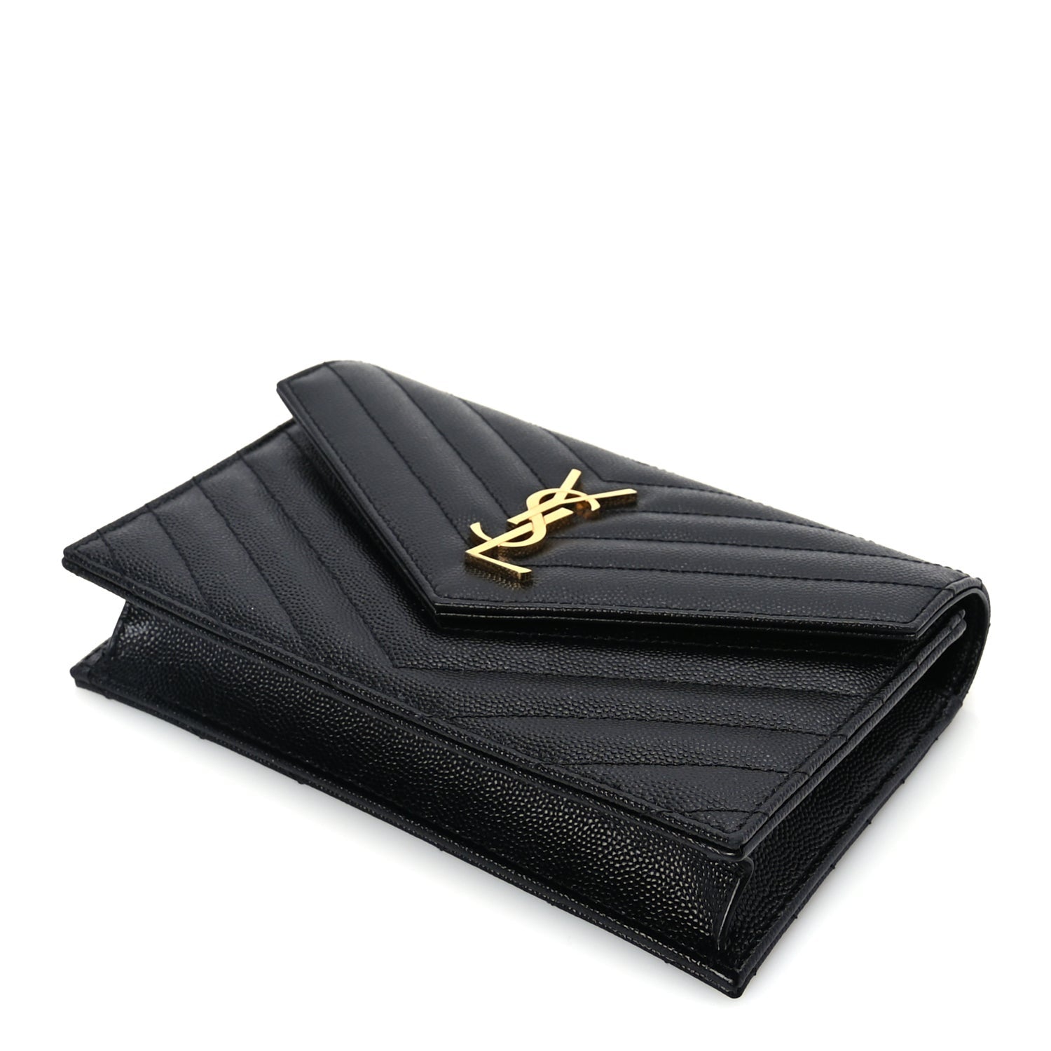 Saint Laurent Grain De Poudre Matelasse Chevron Monogram Envelope Chain Wallet  Black 8 of 8