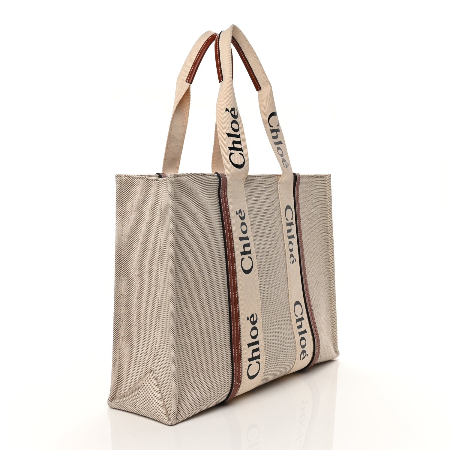 Chloe Cotton Calfskin Large Woody Ribbon Tote White Brown 2 of 10
