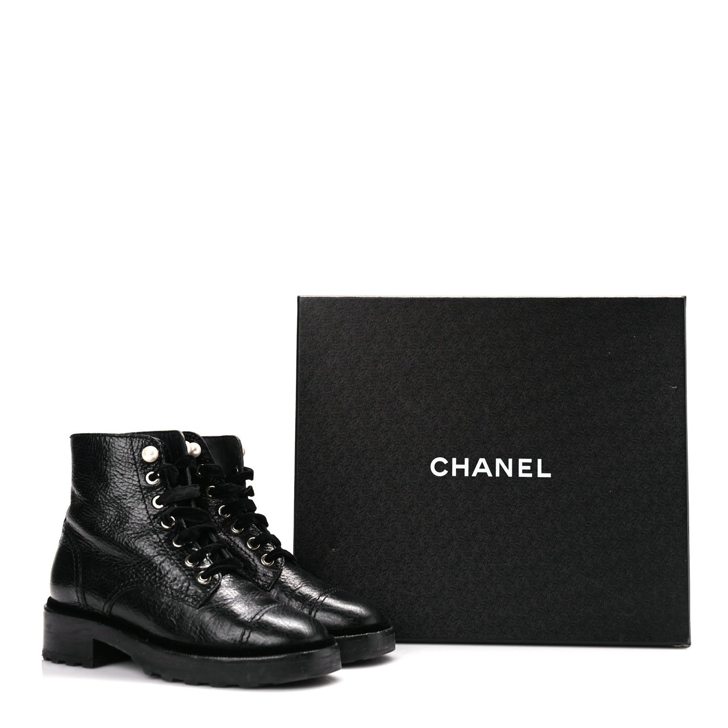 Shiny Calfskin Velvet Pearl Combat Short Boots  Black