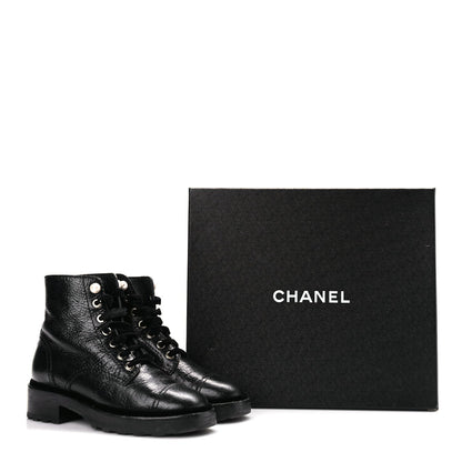Chanel Shiny Calfskin Velvet Pearl Combat Short Boots  Black 10 of 10