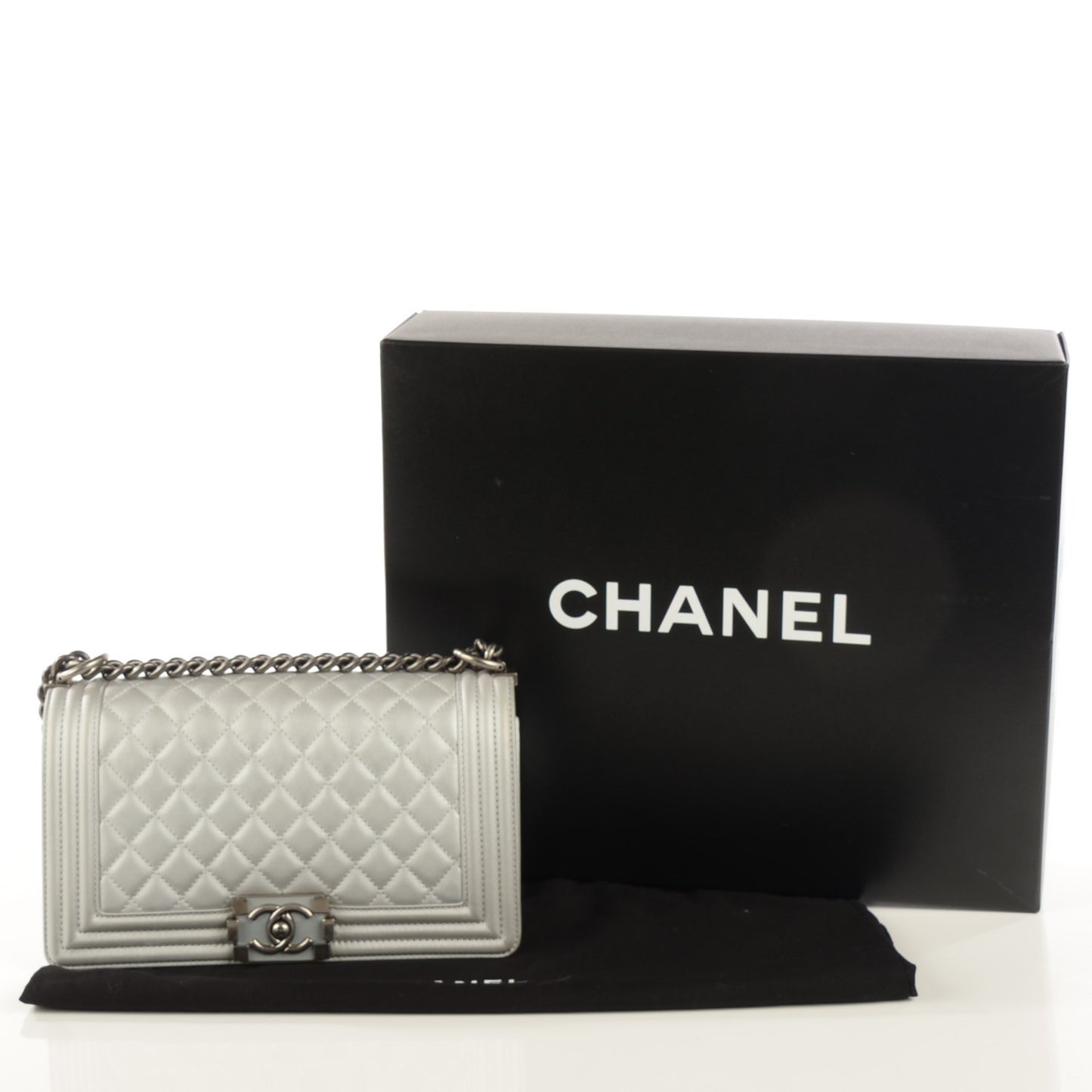 Metallic Calfskin Quilted Medium Boy Flap Silver