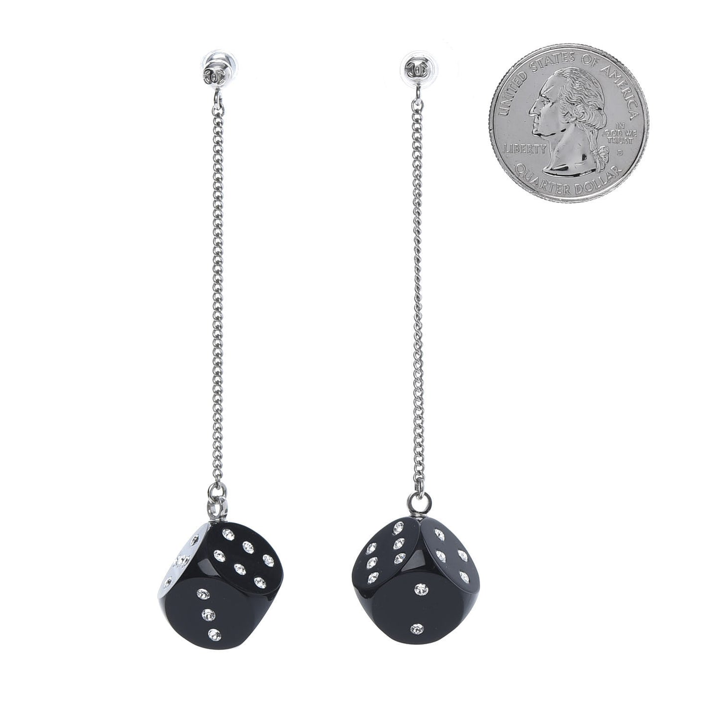Crystal Resin CC Dice Drop Earrings Silver Black