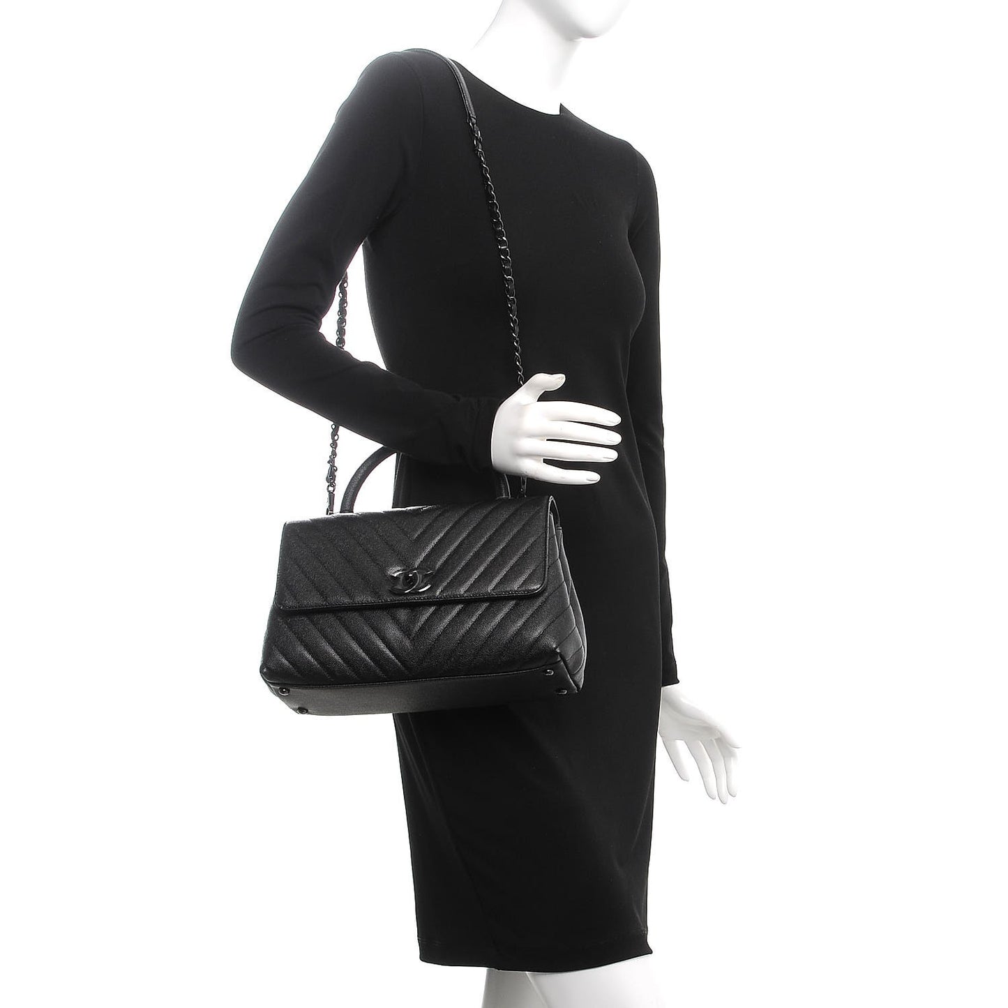 Caviar Chevron Quilted Small Coco Handle Flap So Black