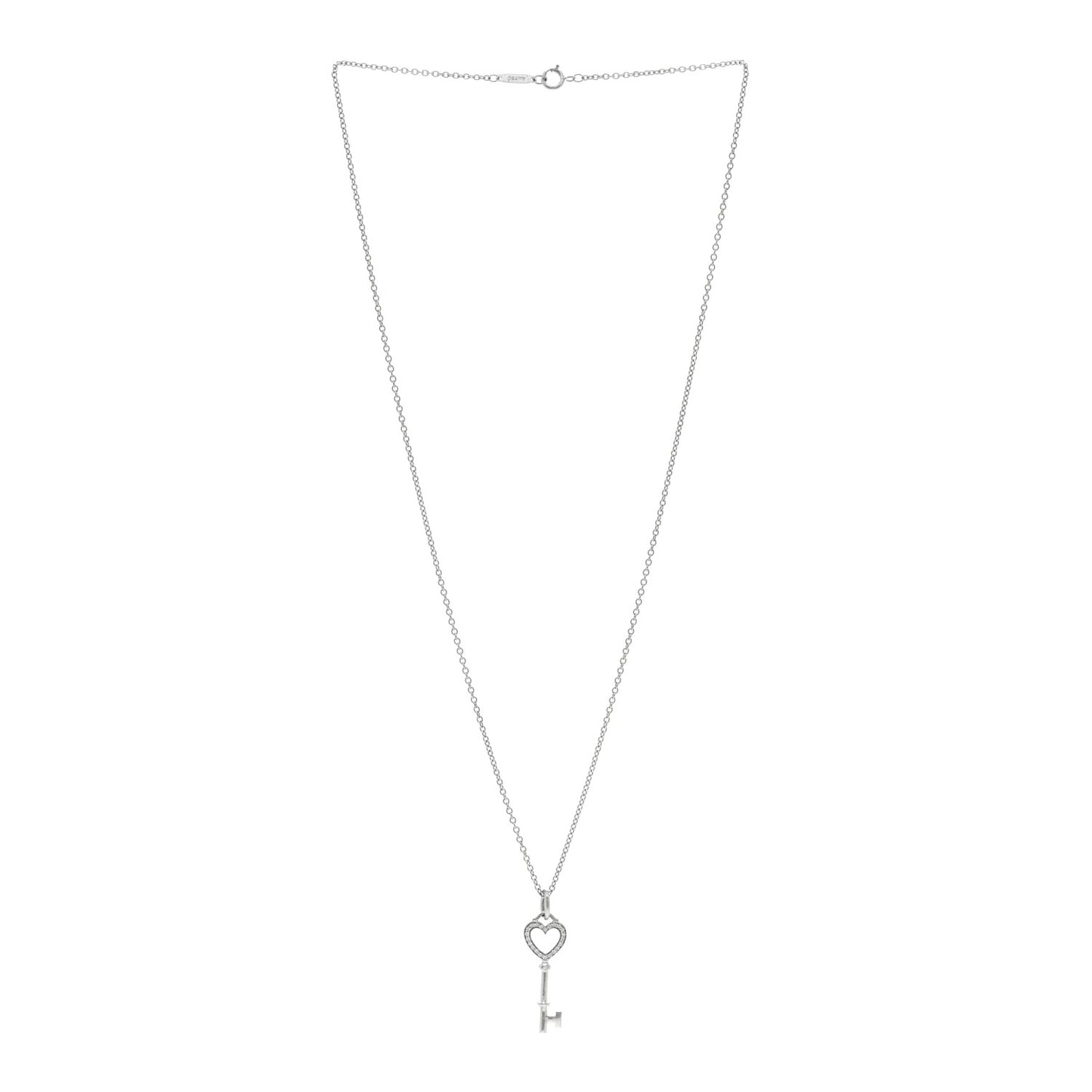 18K White Gold Diamond Mini Heart Key Charm Pendant Link Necklace