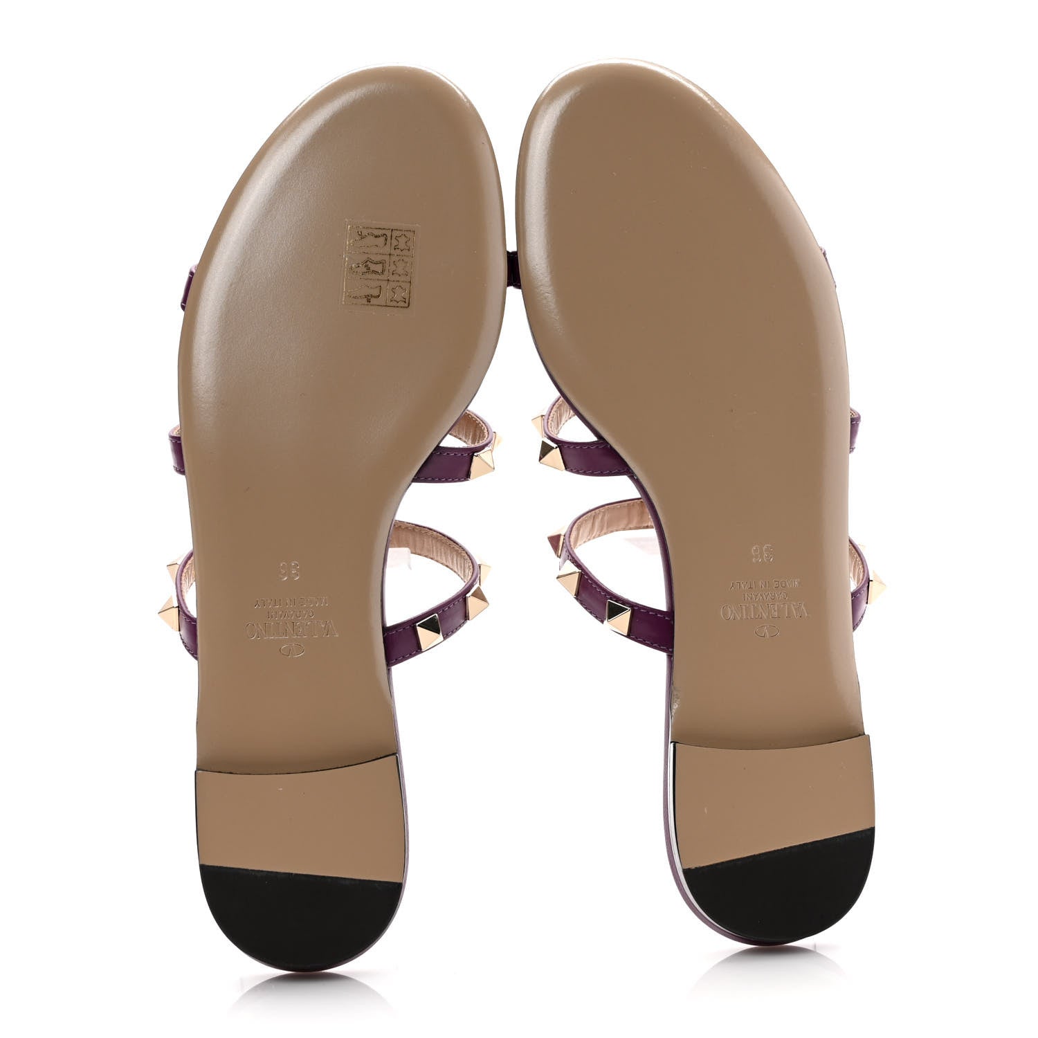 Valentino Garavani Calfskin Nappa Rockstud Caged Flat Slide Sandals 36 Prune 5 of 9