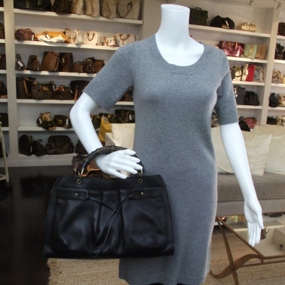 Leather Bamboo Handle Tote Black