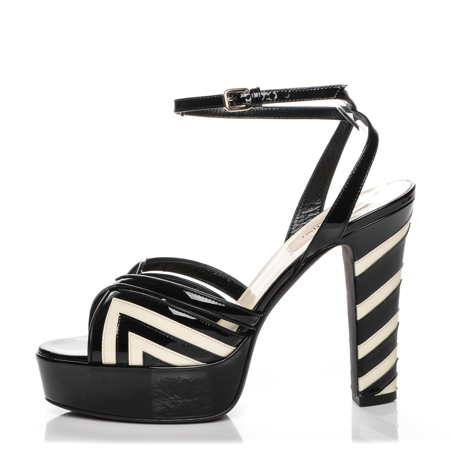 Patent Chevron Shiny Fever Ankle Strap 85/115mm Platform Sandals 37 Light Ivory Black