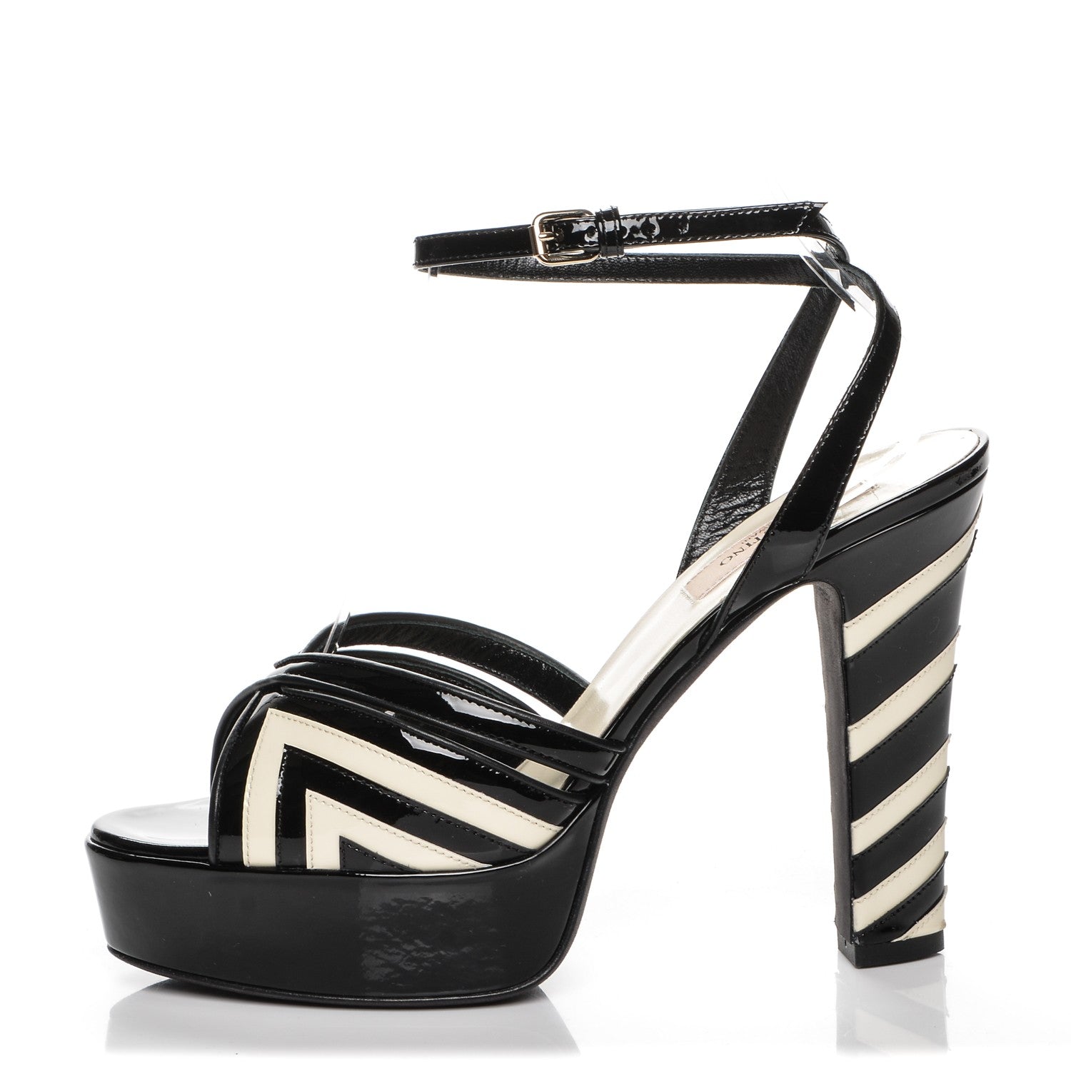 Valentino Garavani Patent Chevron Shiny Fever Ankle Strap 85/115mm Platform Sandals 37 Light Ivory Black 1 of 7