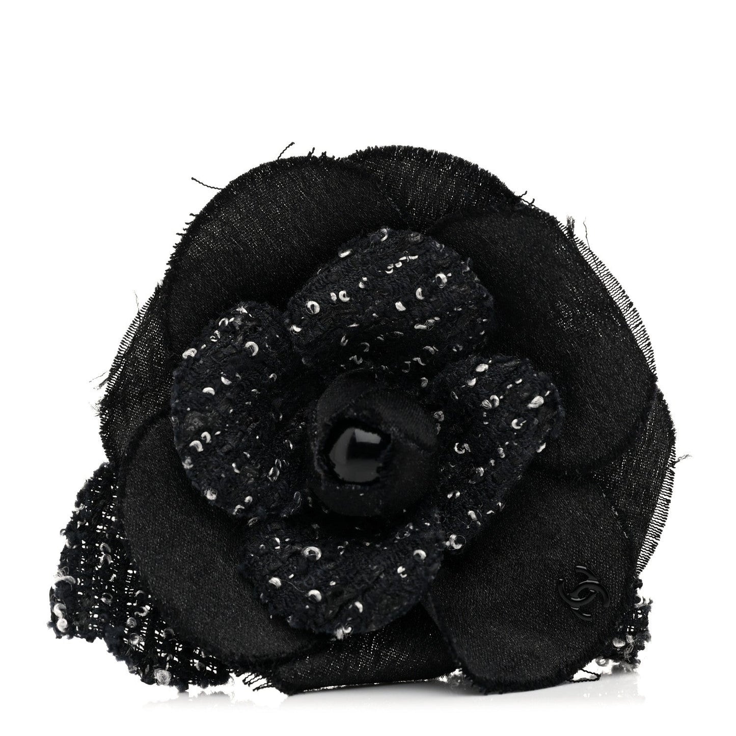 Tweed Fabric Camellia Pin Brooch Black