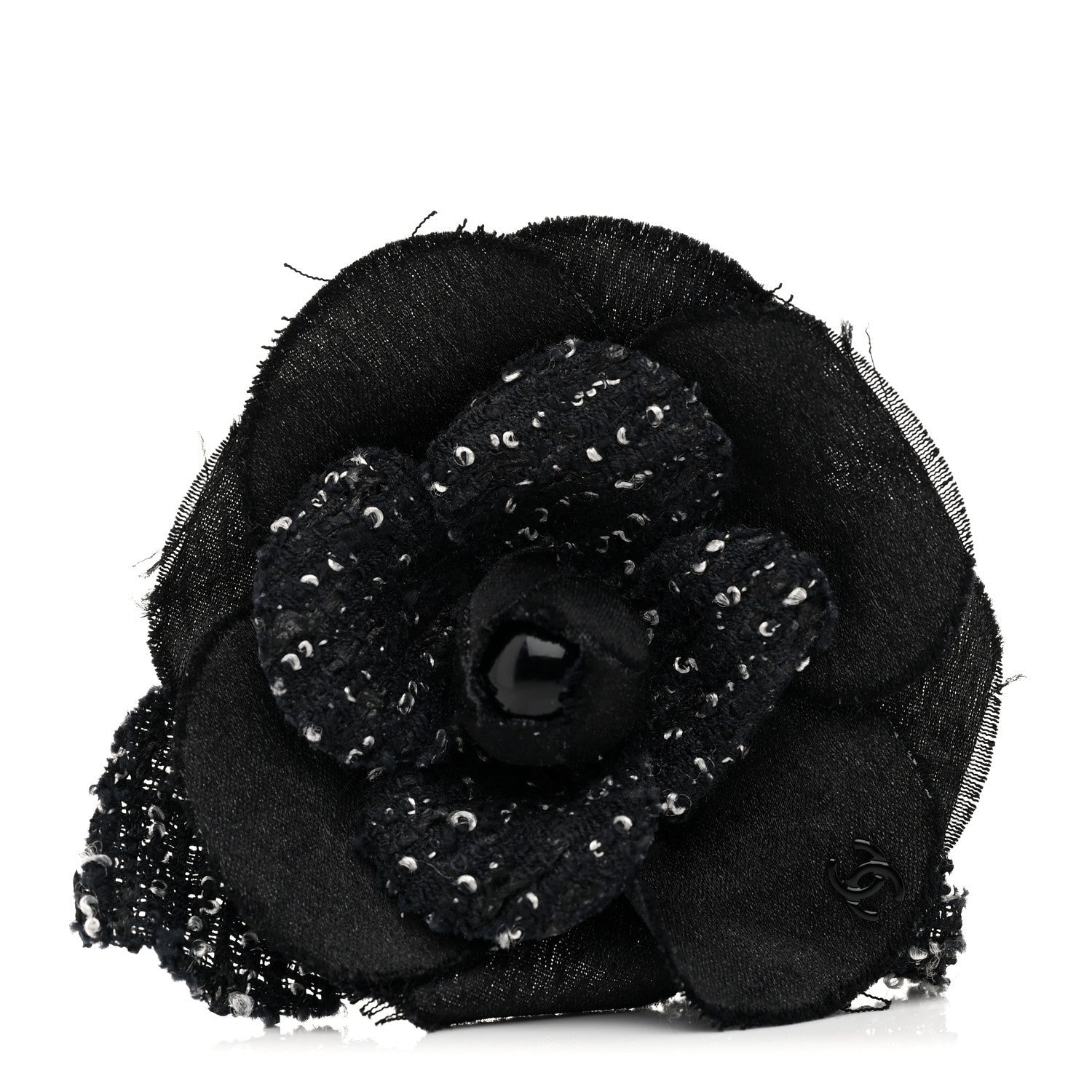 Chanel Tweed Fabric Camellia Pin Brooch Black 1 of 3
