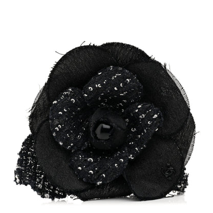Chanel Tweed Fabric Camellia Pin Brooch Black 1 of 3