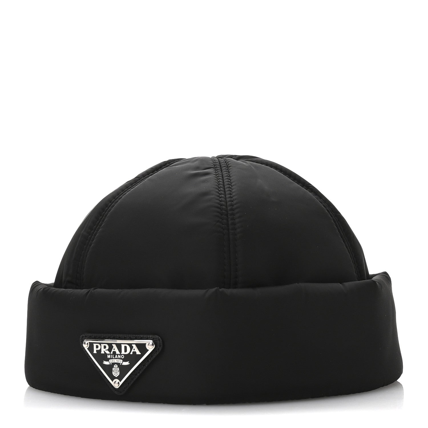 Prada Re-Nylon Padded Metal Triangle Logo Mens Beanie M Black 1 of 9