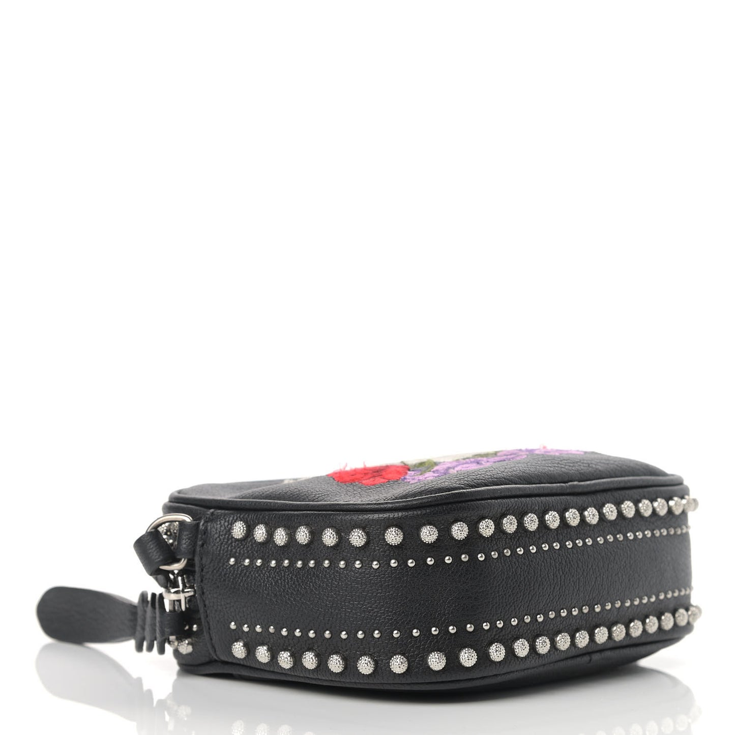 Calfskin Studded Embroidered Mini Camera Bag Black