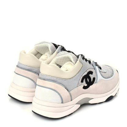 Chanel Mesh Suede Calfskin Grained Calfskin Womens CC Sneakers 37 Grey White 4 of 7