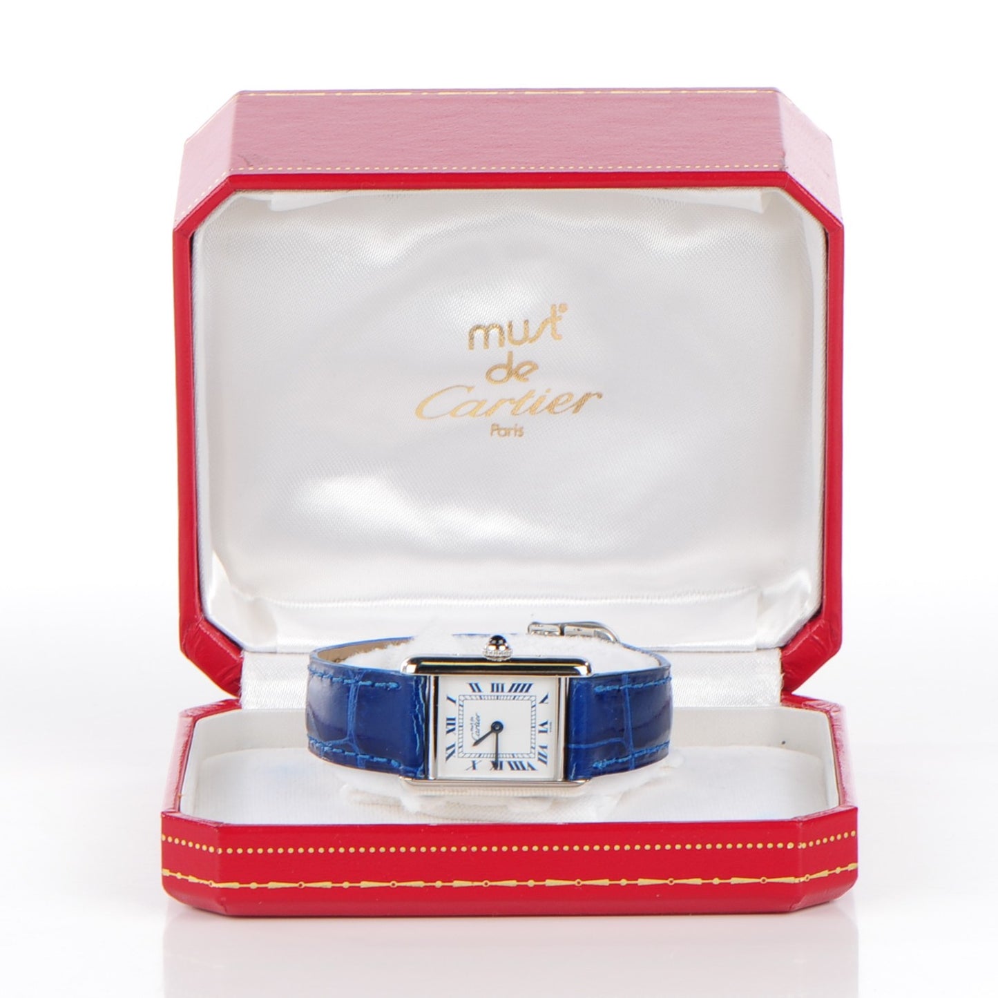 Sterling Silver Alligator 20mm Must de Cartier Tank Quartz Watch Blue