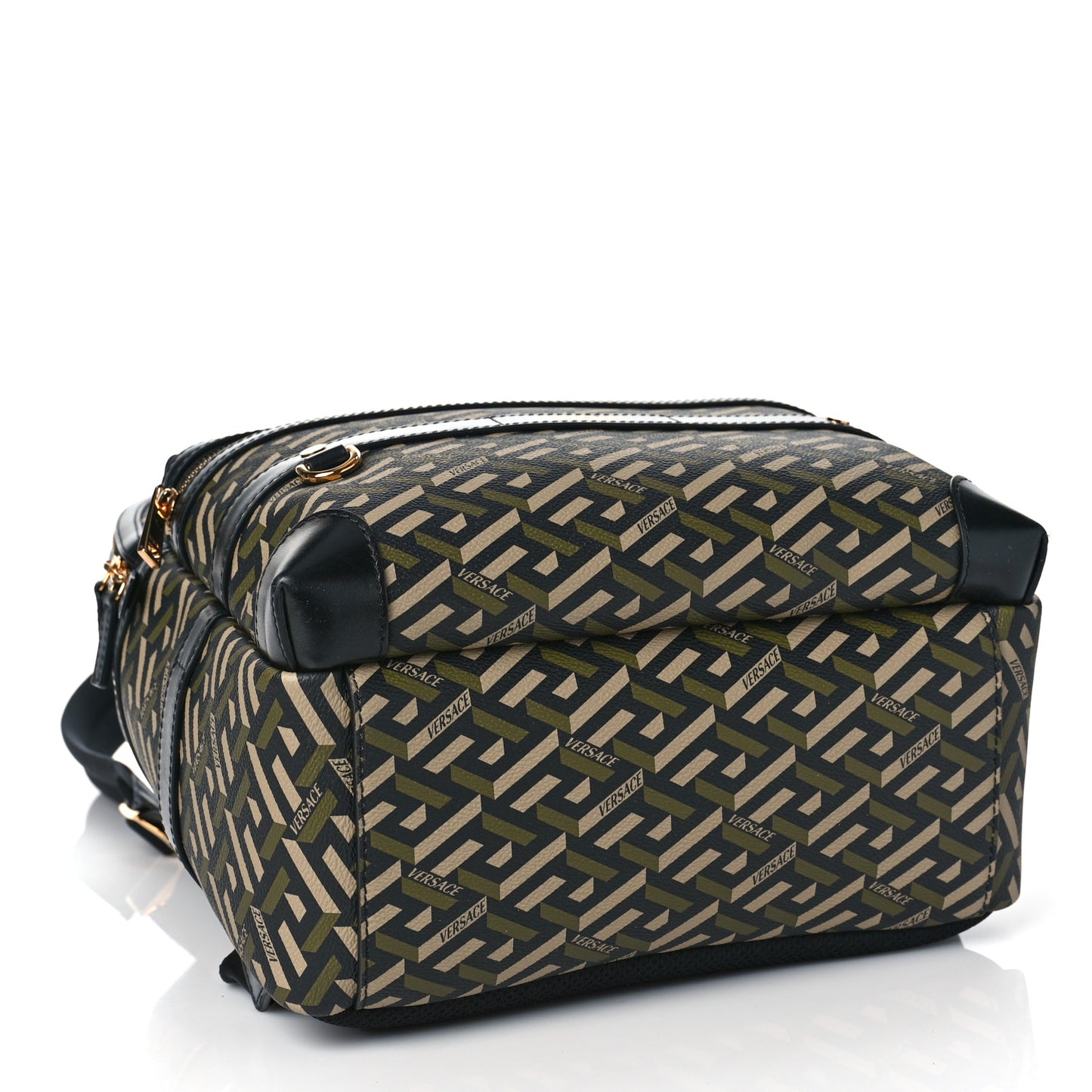 Coated Canvas Calfskin La Greca Signature Backpack Black Khaki