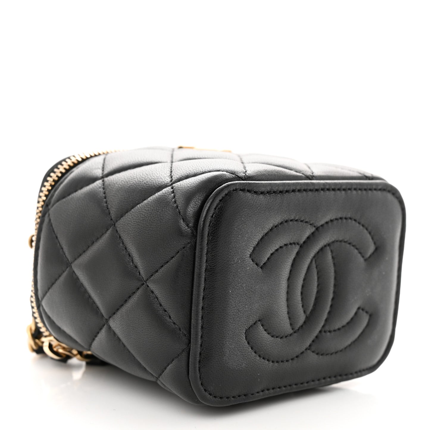 Lambskin Quilted Metal Mini Top Handle Vanity Case With Chain Black