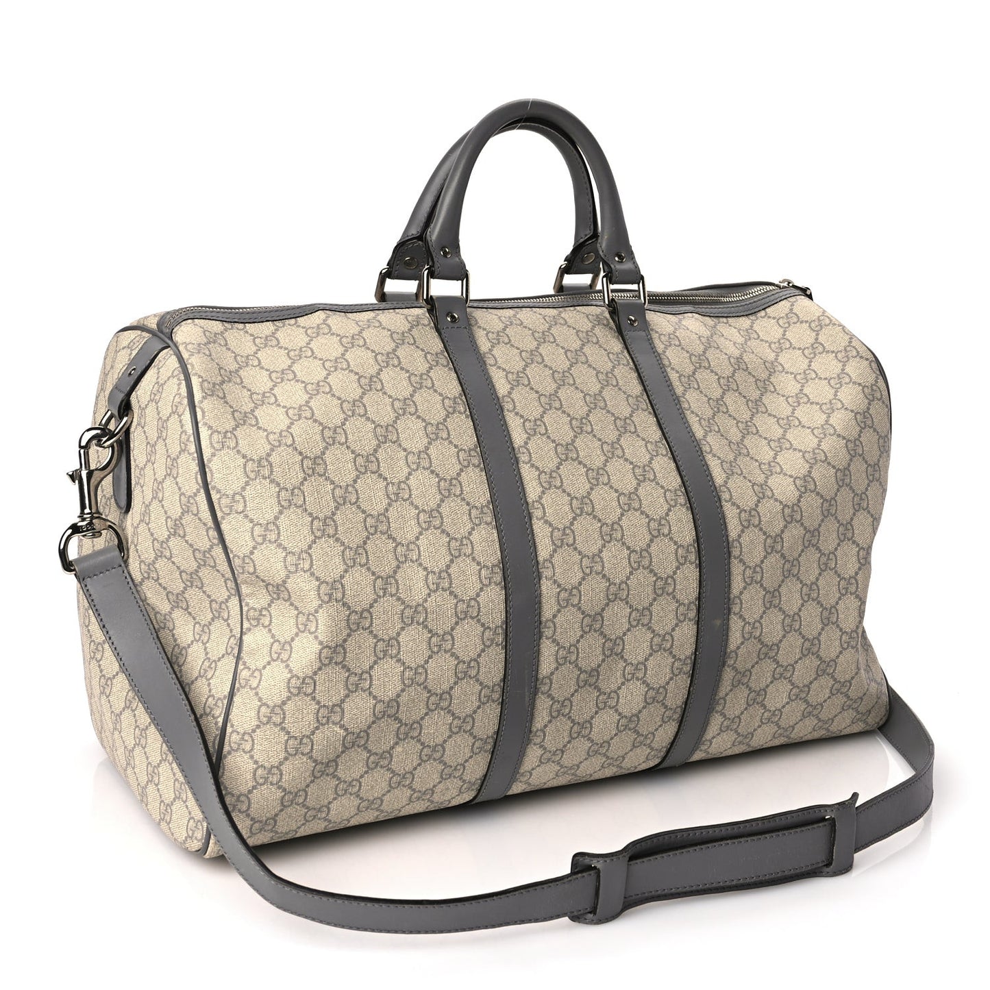GG Supreme Monogram Selleria Calfskin Medium Carry On Duffle Bag Beige Grey