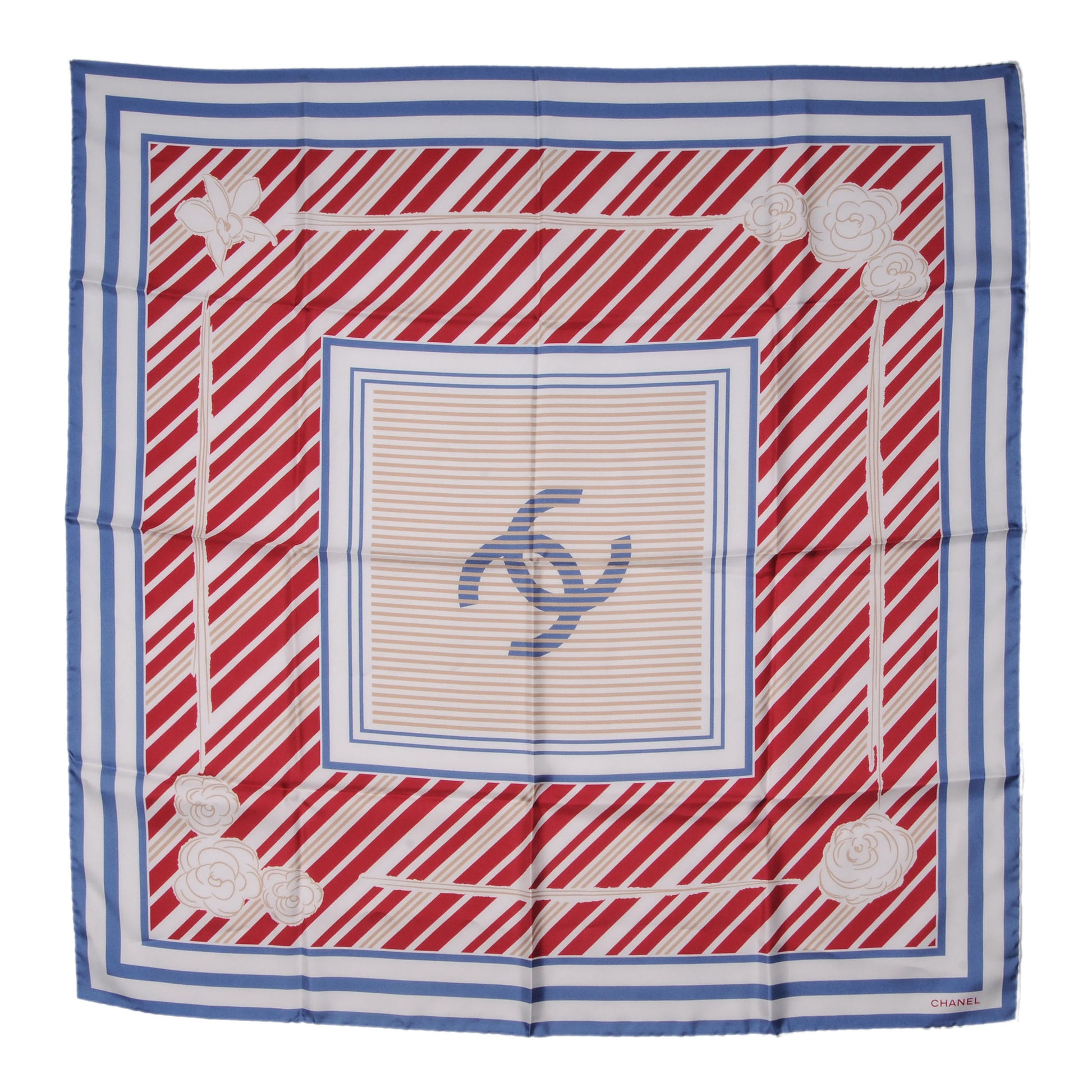 Chanel Silk Camellia Stripe CC Scarf Red 2 of 5