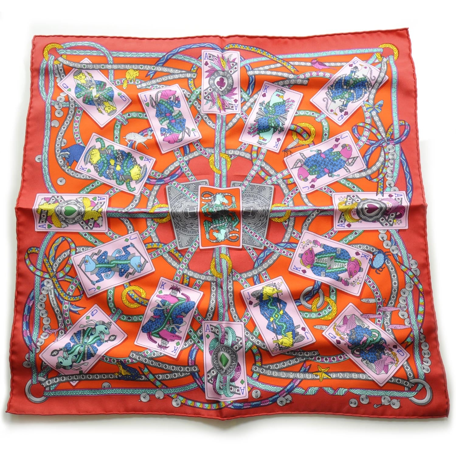 Hermes Silk Twill Dame de Coeur Pocket Square Scarf w Cartes A Nouer Knotting Cards 1 of 6