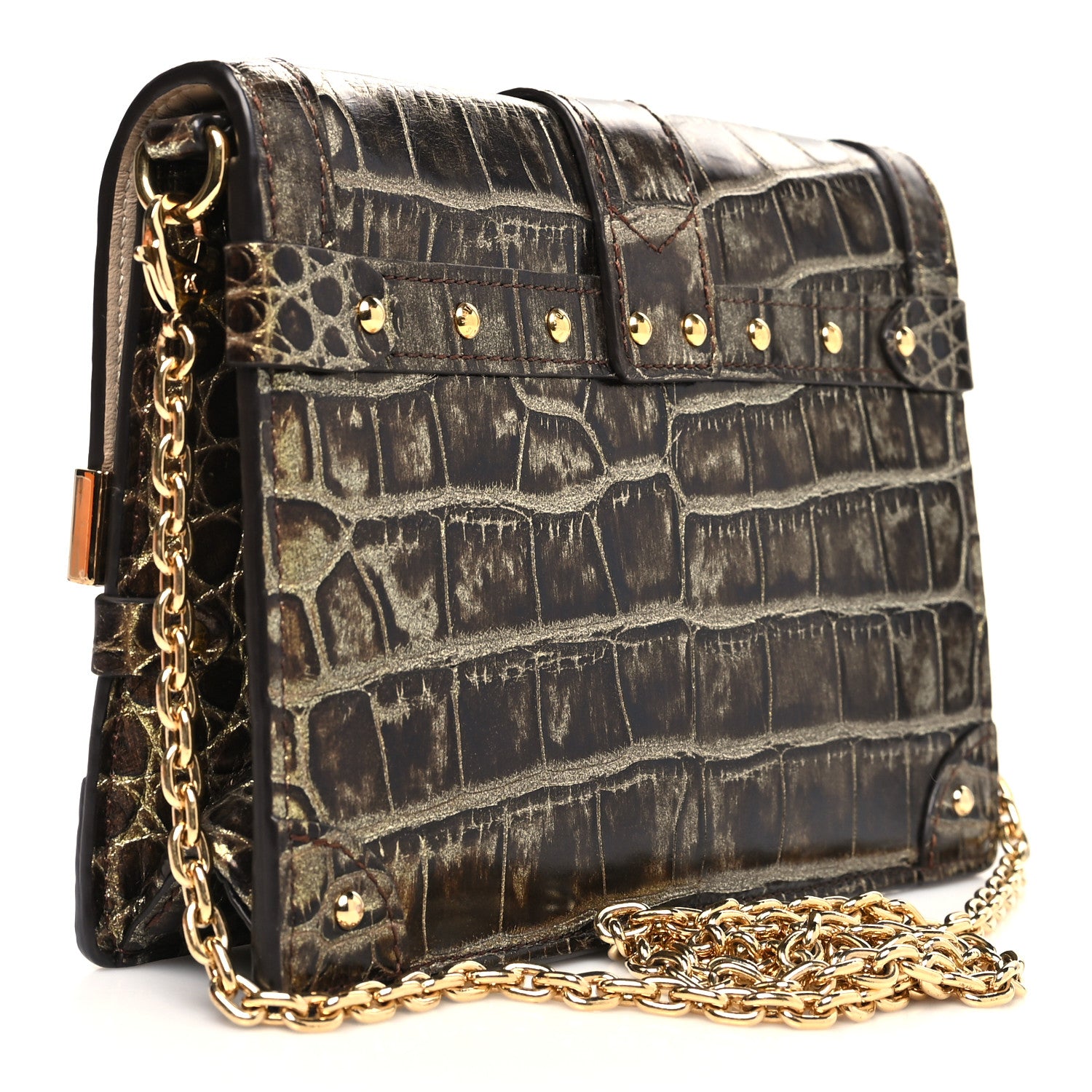 Louis Vuitton Crocodile Trunk Chain Wallet Gold Black 3 of 11