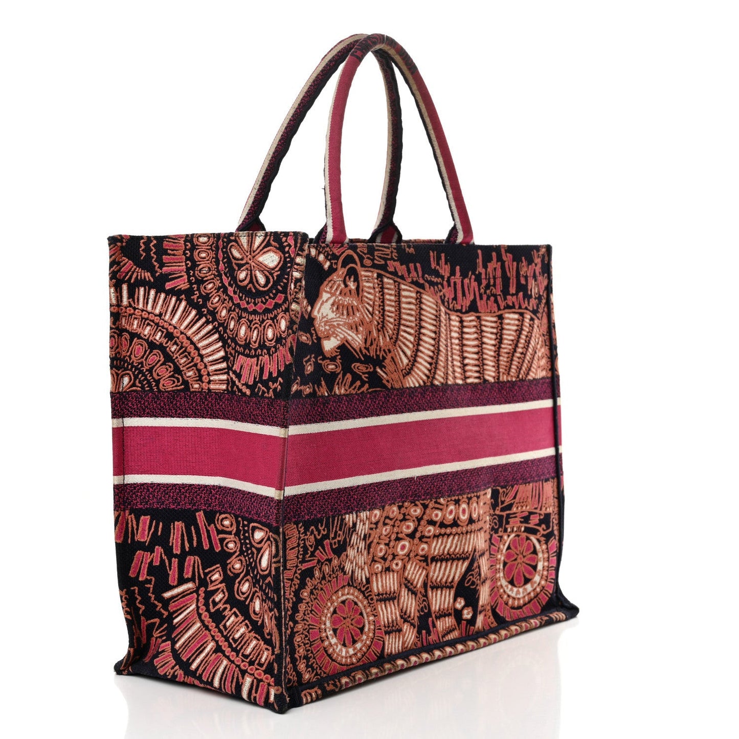 Canvas Embroidered Dior Animals Tiger Book Tote Deep Blue Fuchsia