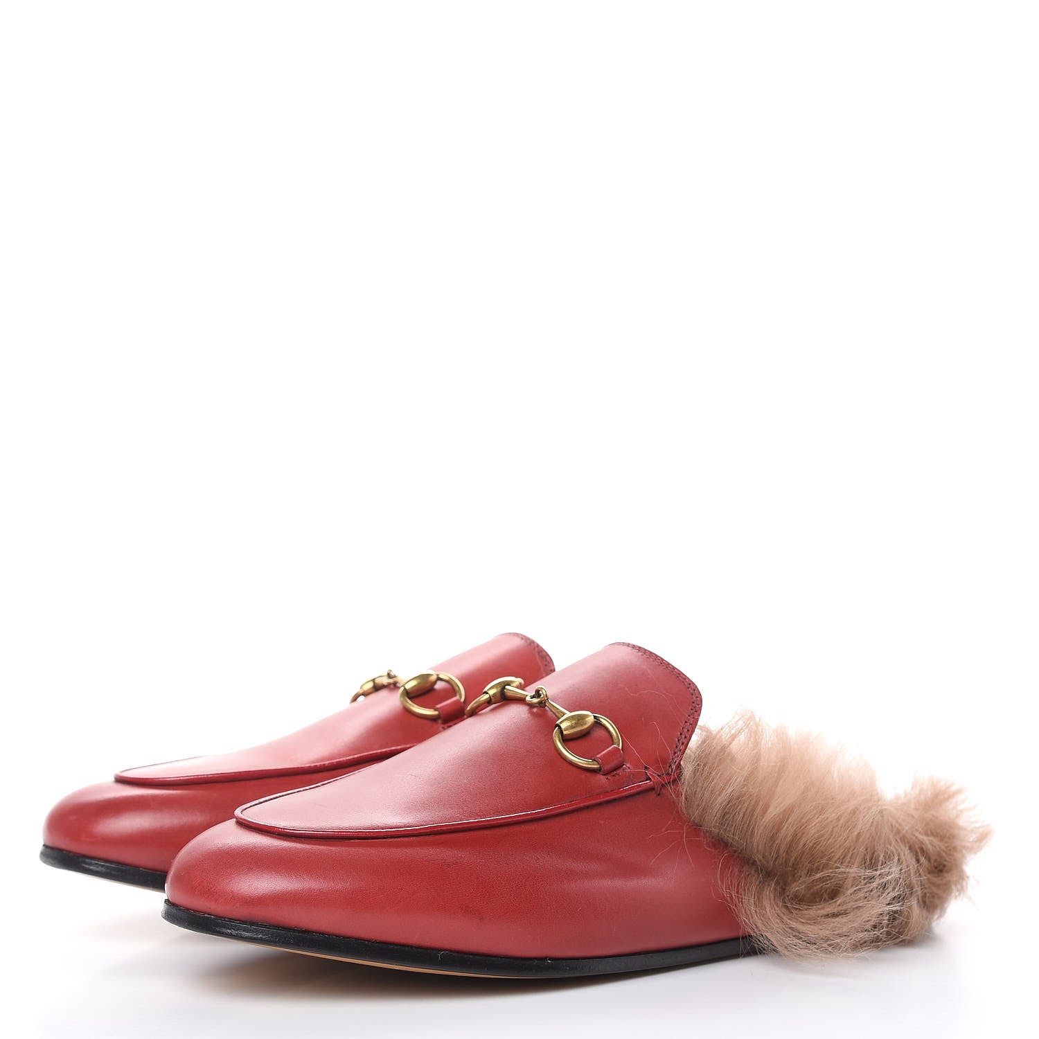 Gucci Betis Glamour Calfskin Fur Womens Princetown Slippers 37 Hibiscus Red Naturale 3 of 13