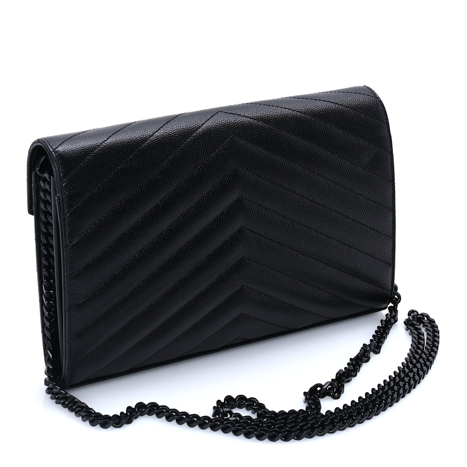 Saint Laurent Grain De Poudre Matelasse Chevron Monogram Monochrome Chain Wallet  Black 2 of 8