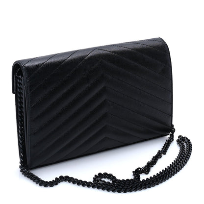 Saint Laurent Grain De Poudre Matelasse Chevron Monogram Monochrome Chain Wallet  Black 2 of 8