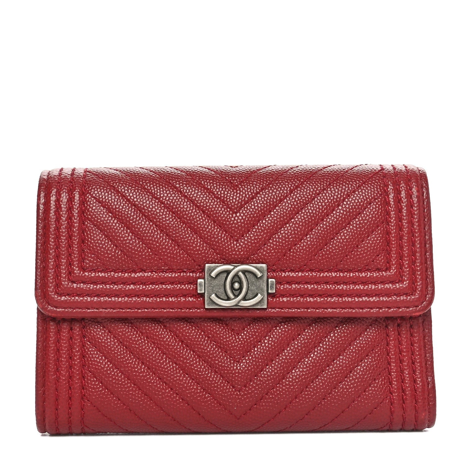 Chanel Caviar Chevron Quilted Boy Flap Wallet Red 1 of 7