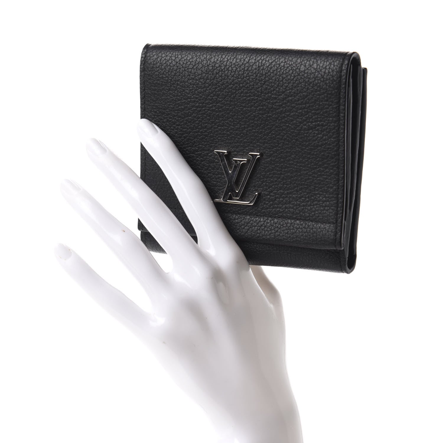 Louis Vuitton Calfskin LockMe II Compact Wallet Black 2 of 8