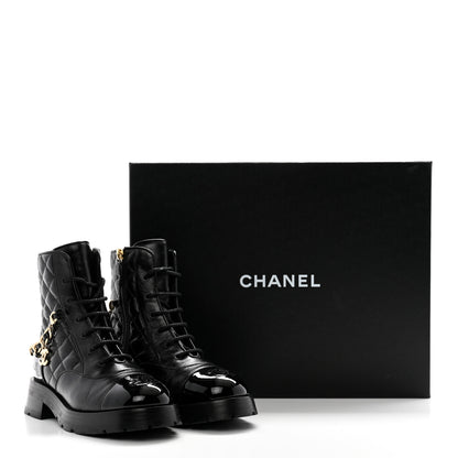 Chanel Shiny Calfskin Patent Quilted Chain Lace Up Combat Boots 36 Black 12 of 12