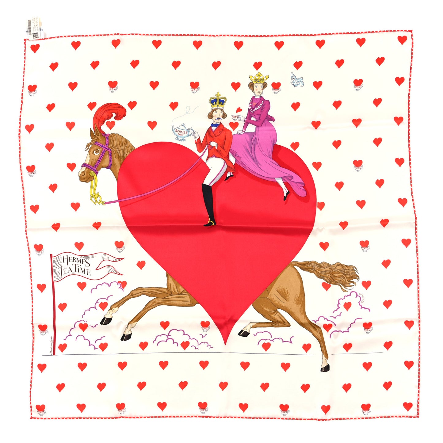 Silk Tea Time Scarf 70 White Framboise Rouge