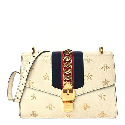 Gucci Textured Calfskin Bee Star Print Small Sylvie Shoulder Bag Mystic White 1 of 8