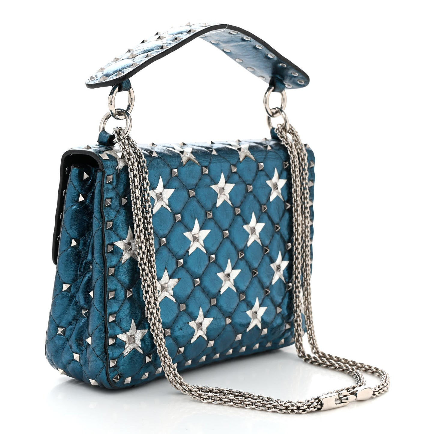 Metallic Wrinkled Lambskin Star Medium Rockstud Spike Shoulder Bag Peacock
