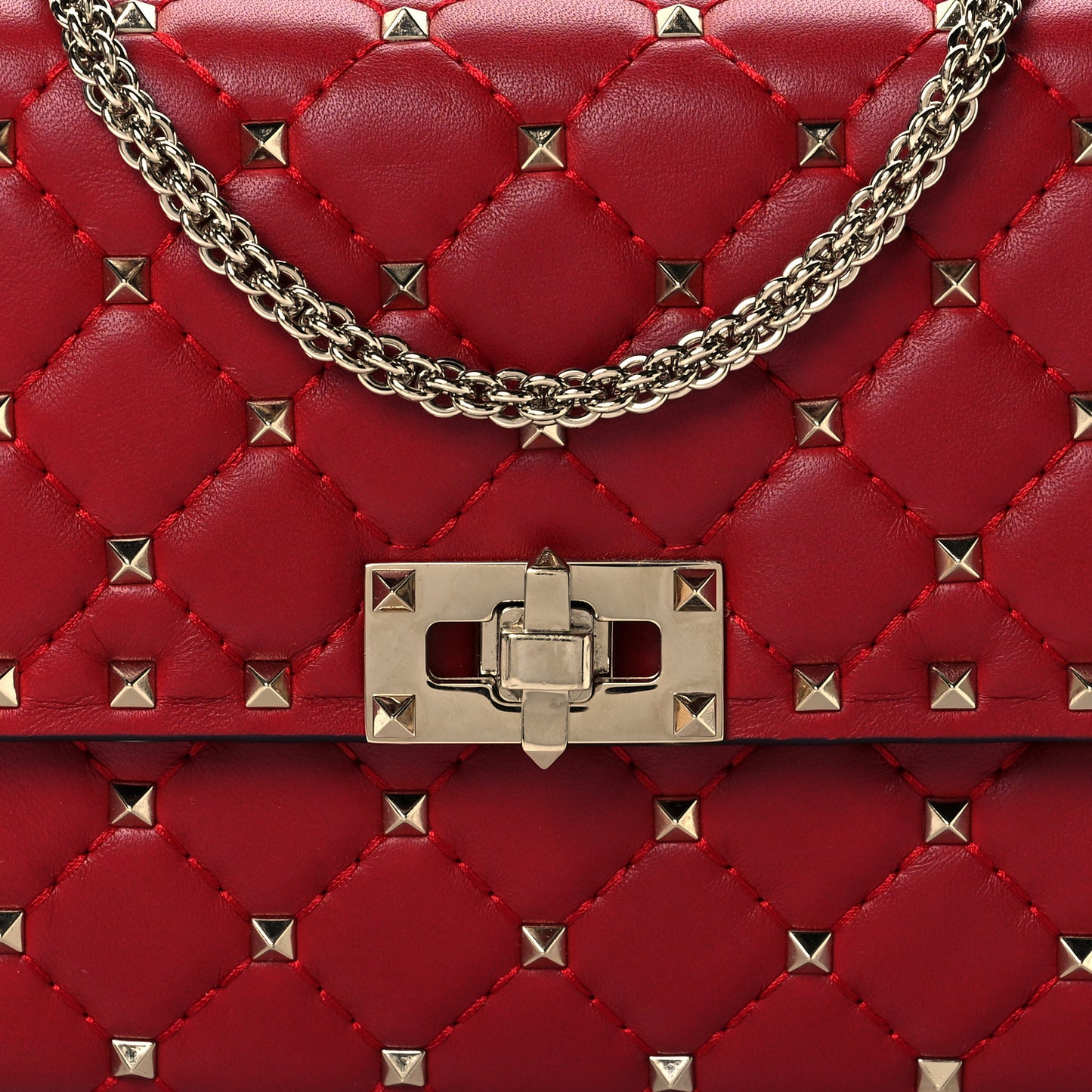 Lambskin Rockstud Spike Wallet on Chain Red