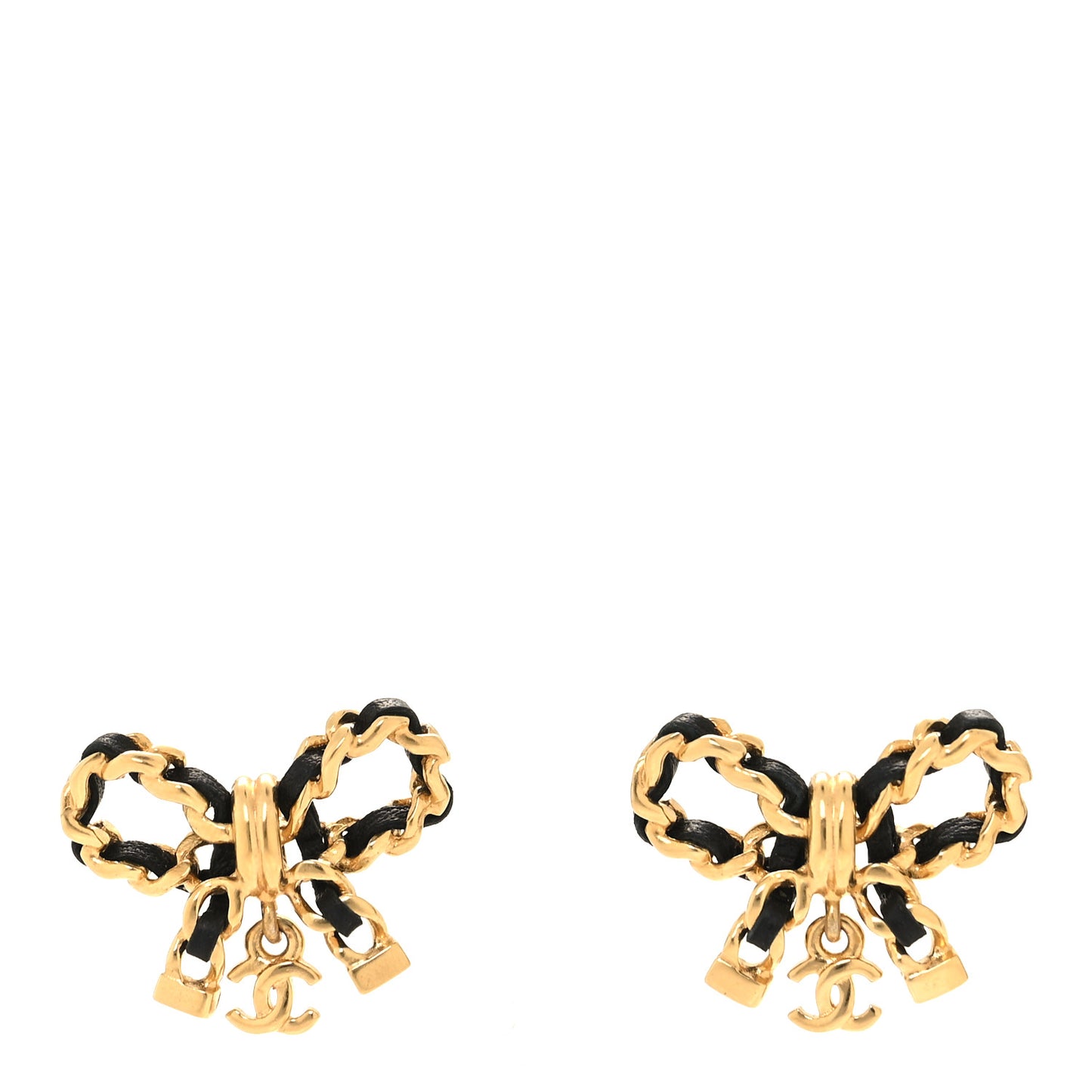 Lambskin Chain Bow Stud Earrings Black Gold