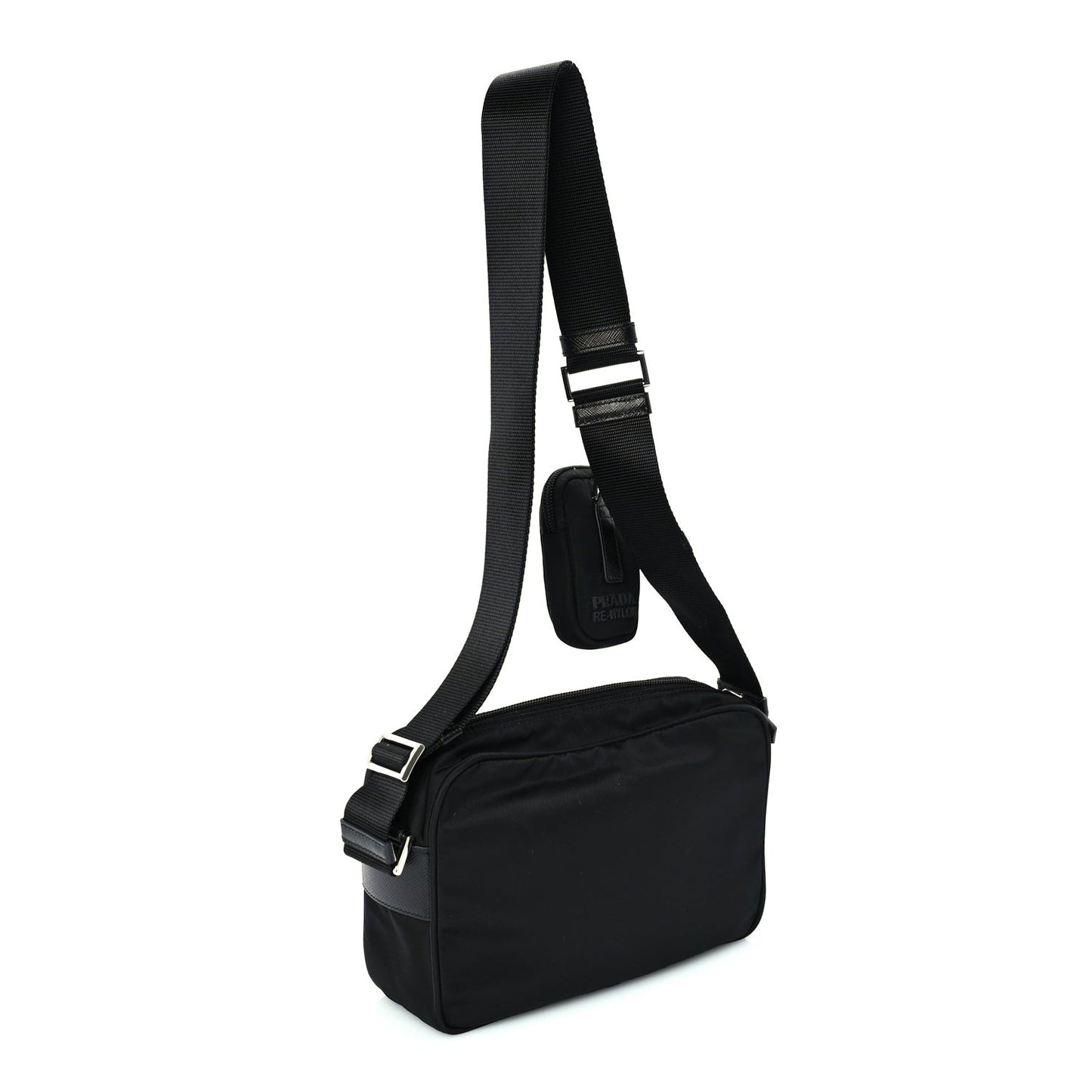 Re-Nylon Vela Saffiano Pocket Double Zip Shoulder Bag  Black