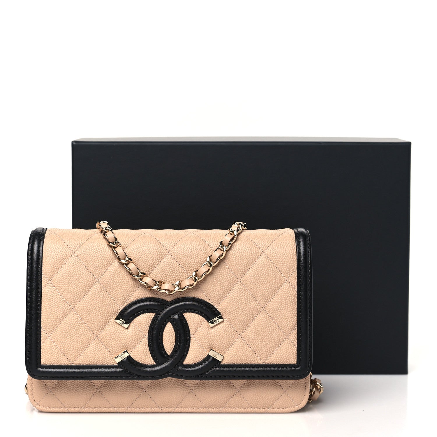 Chanel Caviar Quilted CC Filigree Wallet On Chain WOC Beige Black 12 of 12