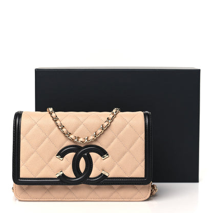 Chanel Caviar Quilted CC Filigree Wallet On Chain WOC Beige Black 12 of 12